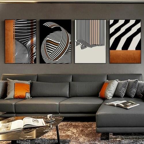 Modern Abstract Black and White Line Poster Picture Geometric Gold Foil Orange Living Room Bedroom Home Decoration Painting