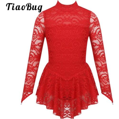TiaoBug Kids Girls Long Sleeves Floral Lace Gymnastics Leotard Ballet Figure Skating Dress Dance Wear Stage Performance Costume