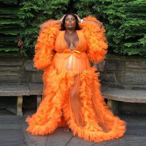 Unique See Through Tulle Maternity Robes With Long Sleeves Plus Size Puffy Women Tulle Gowns Custom Made Photo Shoot