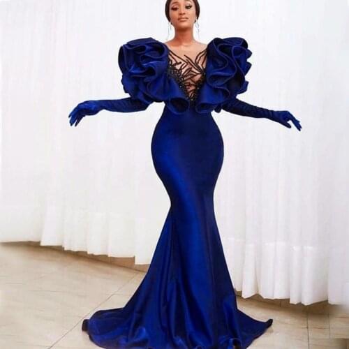 YiMinpwp Royal Blue Mermaid Evening Dresses Sheer Neck Long Sleeve Ruffles Sweep Train Velvet Beads Illusion Women Prom Gowns