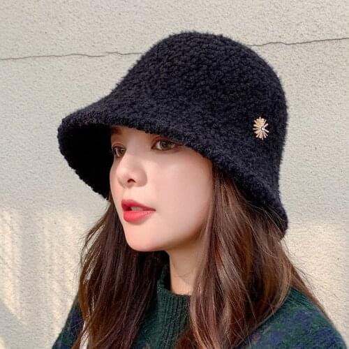 Women Adults Bucket Hat Solid Color Fleece Warm Fisherman Cap Autumn Winter