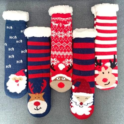 Women Christmas Socks Thick Warm Sleep Socks Thicken Women Girls Print Stripe Non Slip Warm Winter Mid Tube Cute