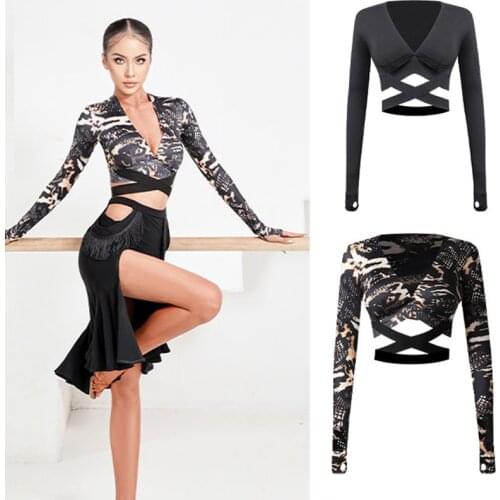 2021 New V-Neck Cross Strap Long-Sleeved Latin Tops Women Latin Dance Top Dancer Ballroom Dancing Top Costume Wear SL5406