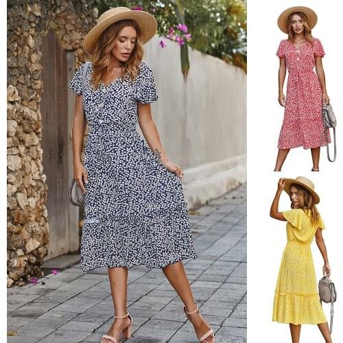 Small Broken Flower Dress Long Urban European and American Floral Temperament Cotton Fashion V-neck Button Short Sleeve Womens