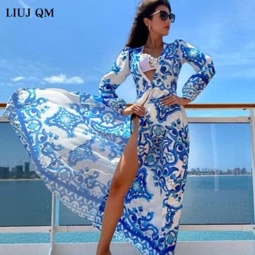 2021 Plus Size Women Sexy Dress Printed Bohemia Dresses Sexy Long Print Floral Maxi Dress Deep V Neck Long Sleeve Sundress