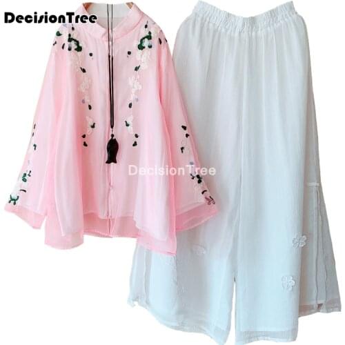 2021 chinese tops traditional style cheongsam embroidered qipao cotton linen tang costume women female loose chiffon blouses