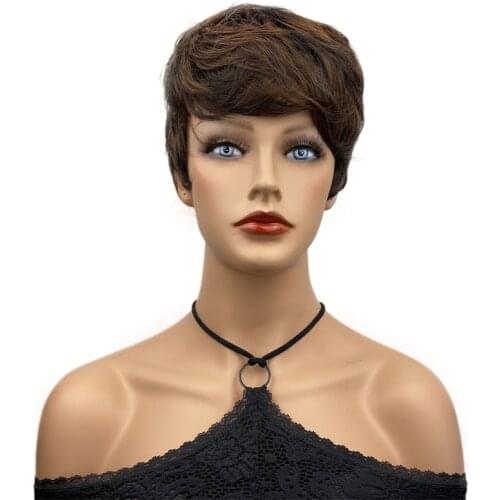 Aimolee Womens Synthetic Capless Wig Dark Brown/Med.Auburn Mix Pixie Cut Short Layered Haircut Hair Natural Wigs