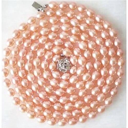 Wholesale Beautiful Natural Pink Akoya Cultured Pearl Necklace For Women Rice Barrel Shape Beads Charms Jewelry 50"BV378