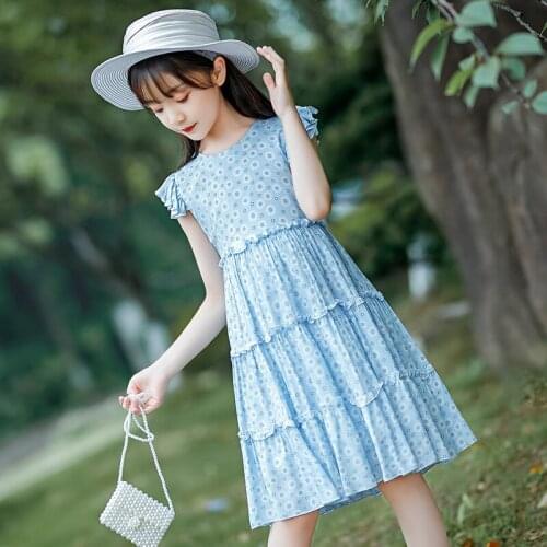Princess Fashion Print Elegant Girl Clothes ChildrenS Clothing Summer Kids Ruched Cotton Cotton Dresses 2021 4 10 12 14 Years