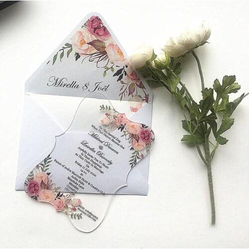 White Flower Envelop with Custom Couples Name Laser Cut Invitation Card Acrylic Cards 10sets Small Post Card