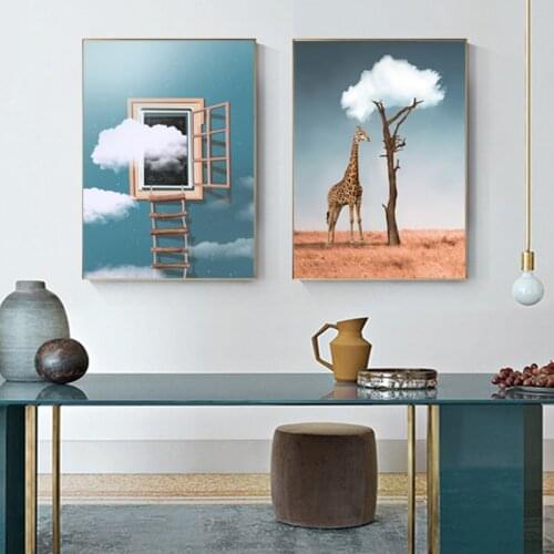 Beautiful Giraffe Cloud Blue Sky Canvas Painting Wall Art Nordic Posters and Prints Wall Pictures for Living Room Decoration