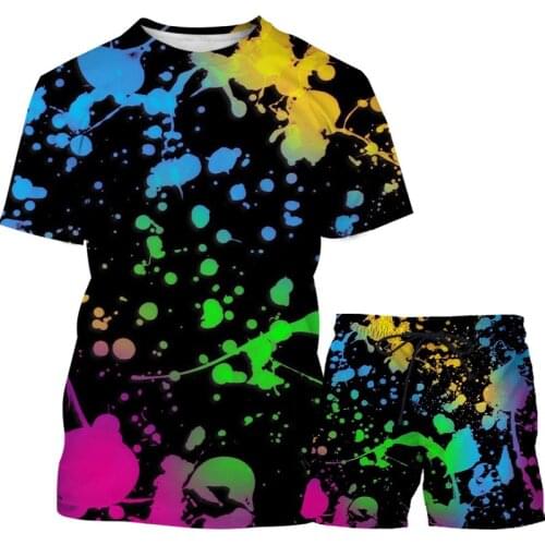 Summer Multicolor Graffiti 3d Printing T-shirt Mens T-shirt + Shorts O-neck Short-sleeved Mens Suit Beach Pants Sports Suit
