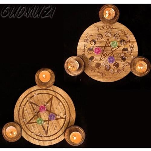 Hot Astrology Pentagram Wood Candlestick Board games Pentacle Altar Plate Triquetra Wooden Divination Wicca Ceremony Accessories