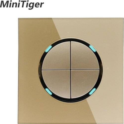 Minitiger 2019 New Arrival Gold Crystal Glass Panel 4 Gang 1 Way Random Click On / Off Wall Light Switch With LED Indicator
