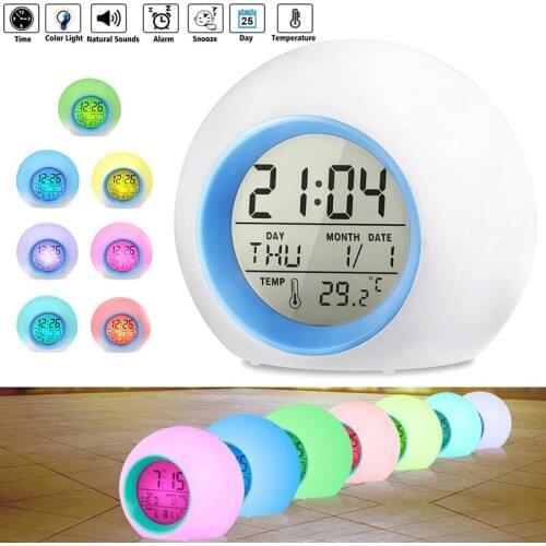Hot Alarm Clock Nature Sounds 7 Colors Changing One Tap Control Multifunction Temperature Display Hogard JY04