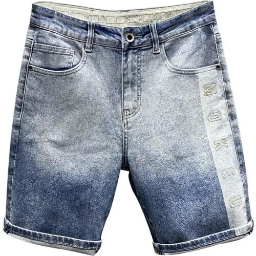 Mens Summer Letters Embroidery Denim Shorts Casual Gradient Color Light Blue Jeans Loose Knee Length Breeches