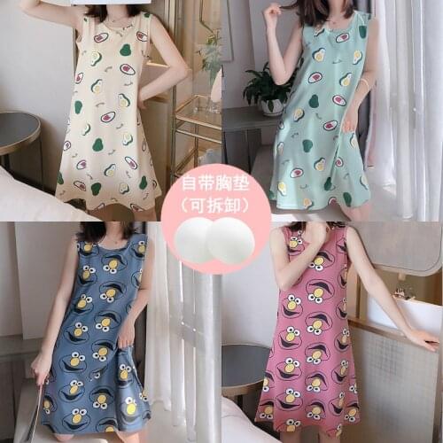Nightgown Female Summer Students Short Sleeve Cute with Chest Pad Sleeveless Vest Skirt Autumn Womens Thin Loose-Fit Dress
