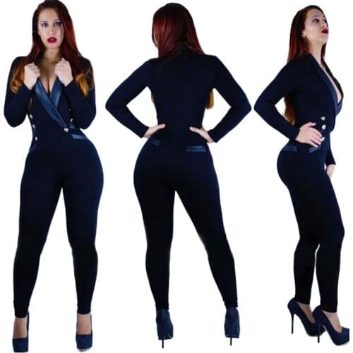 New Fashion Long Sleeve Buttons Cotton Sexy Celebrity Bandage jumpsuit for Women Club Skinny Bodycon Jumpsuit Rompers Playsuits