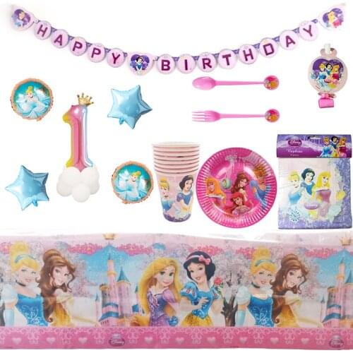 Disney Princess Theme Disposable Tableware Girl Birthday Party Decoration Plates Cups Banner Kids Baby Shower Dinner Set