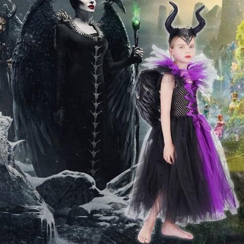 Halloween Girls Fancy Tutu Dress Maleficent Devil Queen Cosplay Dress Black Magic Kid Halloween Disguise Vampire Clothes Vestido