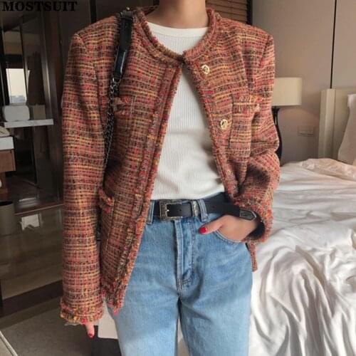 Vintage Tweed Women Jacket Coat 2021 Fall Winter Full Sleeve Single-breasted Tops High Quality Elegant Chic Ladies Outwear