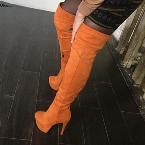 Olomm 2020 Handmade Women Platform Over The Knee Flock Boots Sexy Stiletto Heels Round Toe 5 Colors Party Shoes US Size 5-15