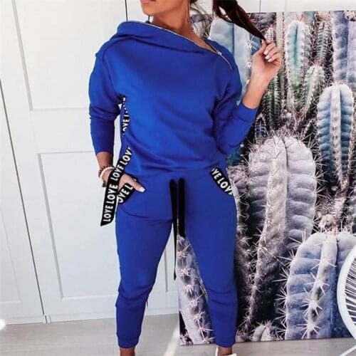 Women New Sportwear Suit Hooded Sweatshirts and Drawstring Pants 2 piece Set Zipper Hoodies Irregular Collar Casual Tracksuit