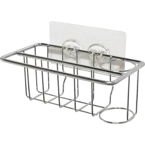 3-in-1 Sink Sponge Holder with Sticky Hooks Stainless Steel Storage Organizer Drain Rack for Kitchen Gadgets