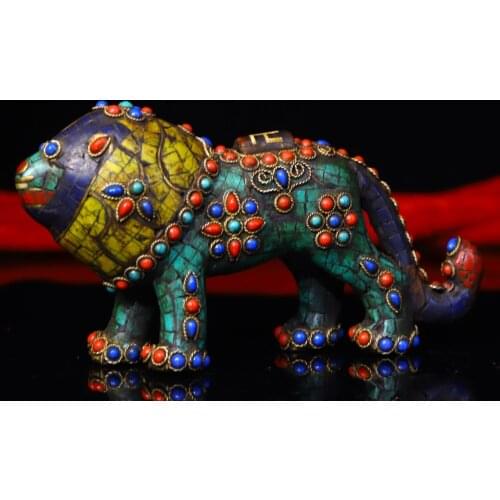 6"Tibet temple Old Bronze Filigree mosaic Gem Dzi Bead Lion statue Gatekeeper lion Town House Exorcism Ward off evil spirits