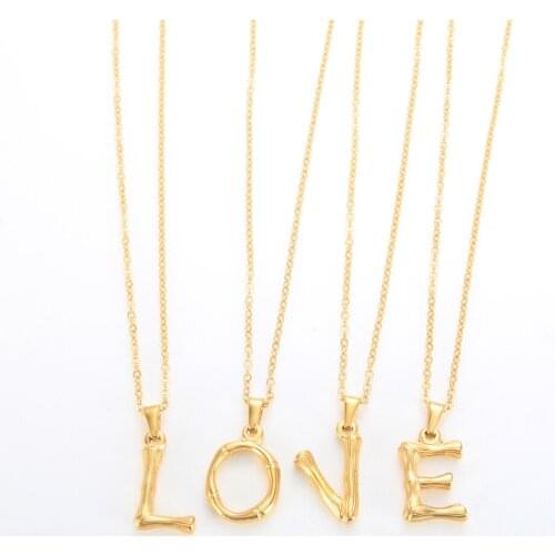 A-Z 26 Letters Initial Alphabet Bamboo Pendant Necklace For Women Stainless Steel Fashion Jewelry Gift