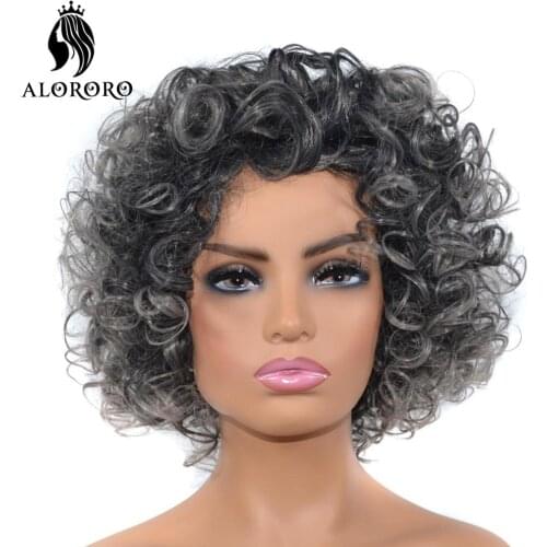 Alororo Afro Fluffy Short Curly Wigs for Black Women 12 Inches High Temperature Fibre Synthetic Wig Black Grey Wig