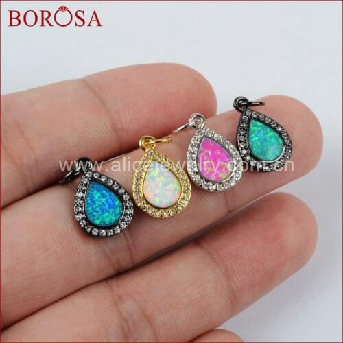 BOROSA Drop Rainbow CZ Micro Pave Manmade Opal Pendant Beads for Necklace Fashion Jewelry Wholesale WX546