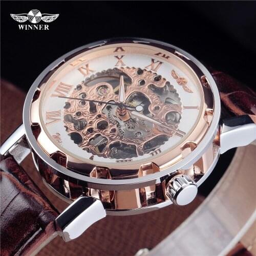 Fashion WINNER Men Luxury Brand Roman Number Hand-wind Leather Skeleton Military Watch Automatic Mechanical Wristwatches Gift