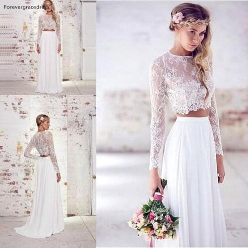 Cheap 2 Piece White Boho Wedding Dress High Quality Chiffon Lace Summer Beach Bohemian Long Sleeves Bridal Party Gowns