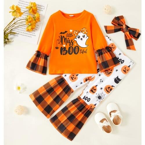 PatPat 3-piece Toddler Girl Halloween Letter Cute Ghost Print Plaid Bell sleeves Top, Pumpkin Cobweb Print Flared Pants and Head