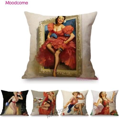 European Vintage Old Times Beauty Feminism Retro Art Sexy Girl Home Decoration Throw Pillow Cover Waterproof Linen Cushion Cover