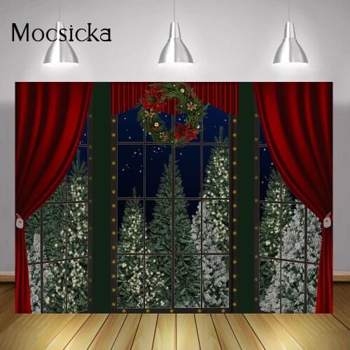 Winter Window Portrait Photography Backdrop Wreath Christmas Trees Forest Background Red Curtain Birthday Art Photocall Studio