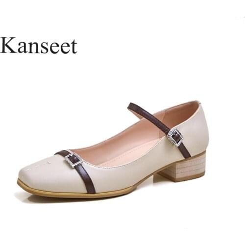 Kanseet New Spring Autumn 2021 Women Pumps Sweet Square Toe Genuine Leather Female Handmade Buckle Strap Shallow Mid Heels Shoes