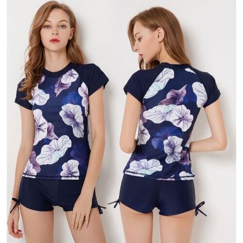 Womens Short Sleeve Padded Rash Guard Set Two Piece Swimsuit with Tie Side Boyshorts Bottoms Sun UV Protection Bathing Suit