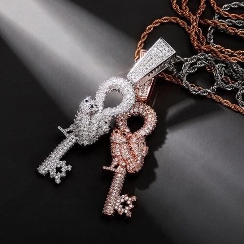 Iced Out Cubic Zircon Owl Key Pendant 24" Stainless Steel Rope Chain 3 Colors Fashion Hip Hop Rapper Jewelry Gift