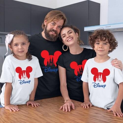 Summer Disney New Family Clothes Black White Casual Style Dropship Fashion Top Adult Unisex Mickey Mouse Head Printing Children