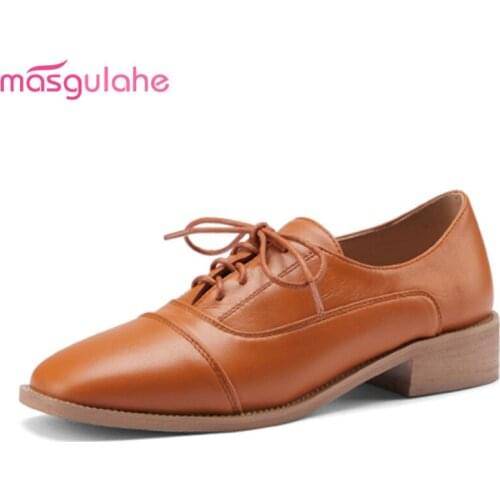 Masgulahe 2021 Big Size 33-48 Fashion Casual Ladies Shoes Genuine Leather Single Shoes Simple Lace Up Solid Color Women Pumps