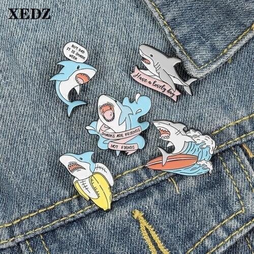 5 kinds of cute shark enamel metal brooch, letter ribbon wave fierce,cute animal, banana skin surfboard, funny pin, gift for kid
