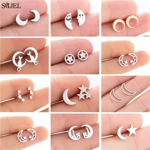 Trendy Stainless Steel Moon Earrings For Women Cute Crescent Ear Studs Stud Earing Penagram Jewelry Girls Gifts Orecchini