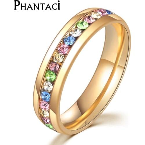 Fashion Multi Color Zircon Crystal Stainless Steel Ring For Women Gold Color Rings Engagement Jewelry