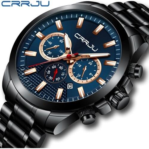 Relogio Masculino CRRJU Classic Business Chronograph Mens Watches Fashion Big Dial Full Steel Waterproof Quartz Wristwatch