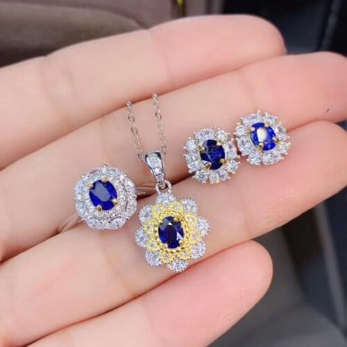 Super Good Color Natural And Real Sapphire Set 925 Sterling Silver 1pc Sapphire Ring,2pcs Sapphire Earring,1pc Sapphire Pendant