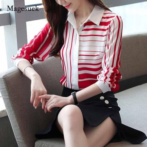 2020 Autumn New Korean Long Sleeve Shirts Turn-down Collar Chiffon Blouses Femal Slim Shirts Striped Shirts Women Tops 6108