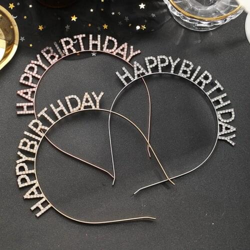 Rose Gold Silver Color Headbands Happy Birthday Hair Hoop Hairbands Fashion Hair Accessories Rhinestone Girls Kids Women Crowns