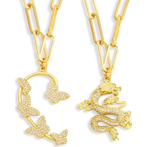 FLOLA Copper CZ Butterfly Dragon Necklace Gold Link Chain Long Pendant Necklace Jewelry For Women nkew79